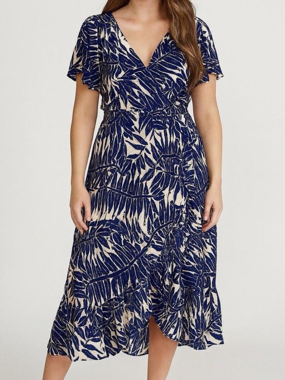 Anthropologie Kindred tiered Navy and Cream Leaf-Print Faux Wrap Midi Dress